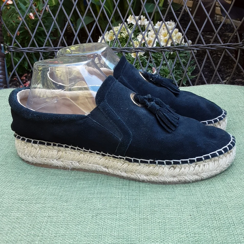 J/Slides NYC Black Suede Espadrille Slip-on Shoe with TasselDetail.